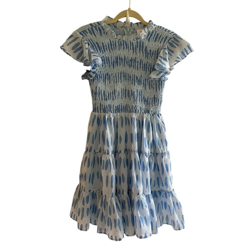 J Marie Blue Polka Dot Party Dress Women’s Sz XS Fit n Flare Twirl Short Smocked